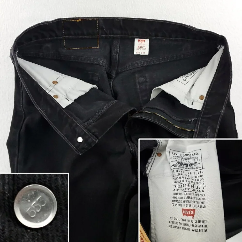 Levi's 550 Vintage Jeans 90s Relaxed Fit Batwing USA Black Denim Men's 34x34